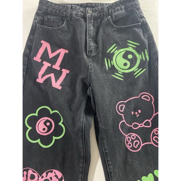 RUMWE Jeans Womens Large12-14 Black Graphic Print unique Gangsta Hip Hop Rare - Picture 3 of 11